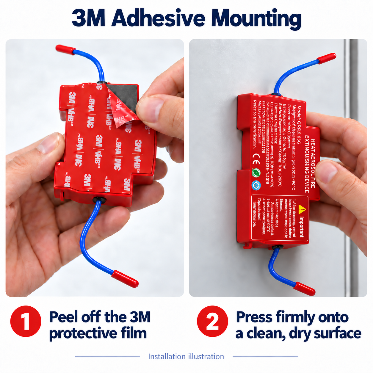 Supplier illustration showing liner removal and adhesive mounting