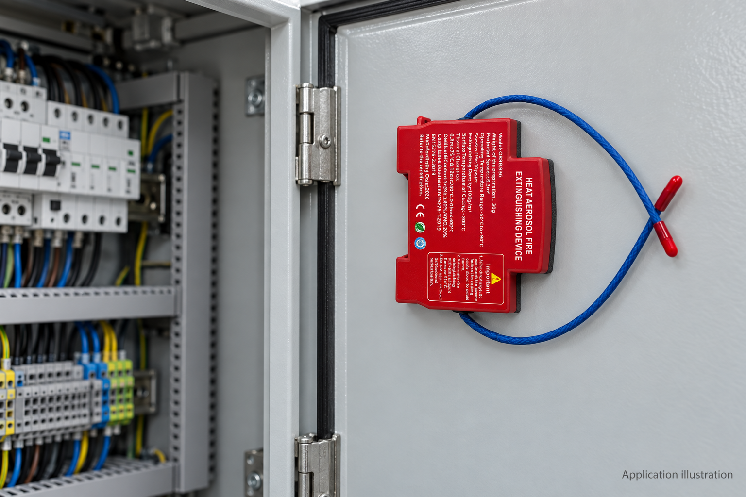 Illustration of an aerosol device mounted on the inside of an electrical cabinet door