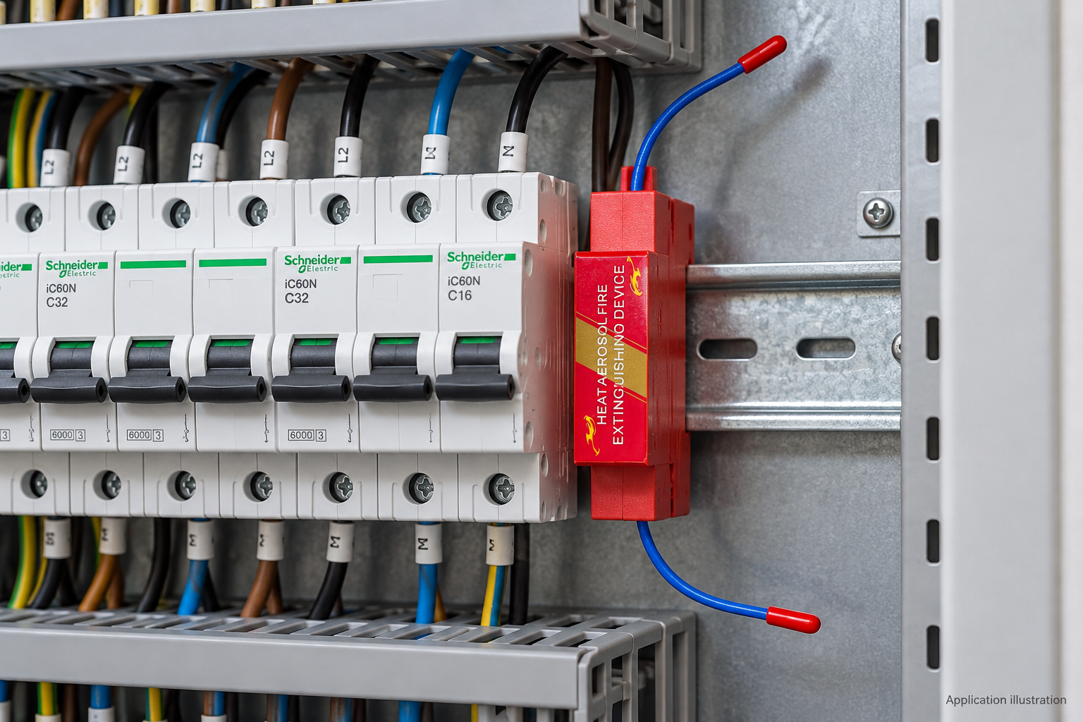 Illustration of an aerosol device mounted beside equipment on a DIN rail