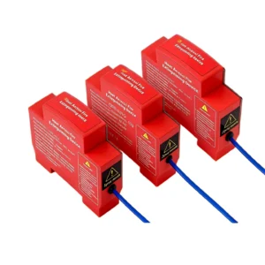Red aerosol fire suppression devices with blue heat-sensing cords