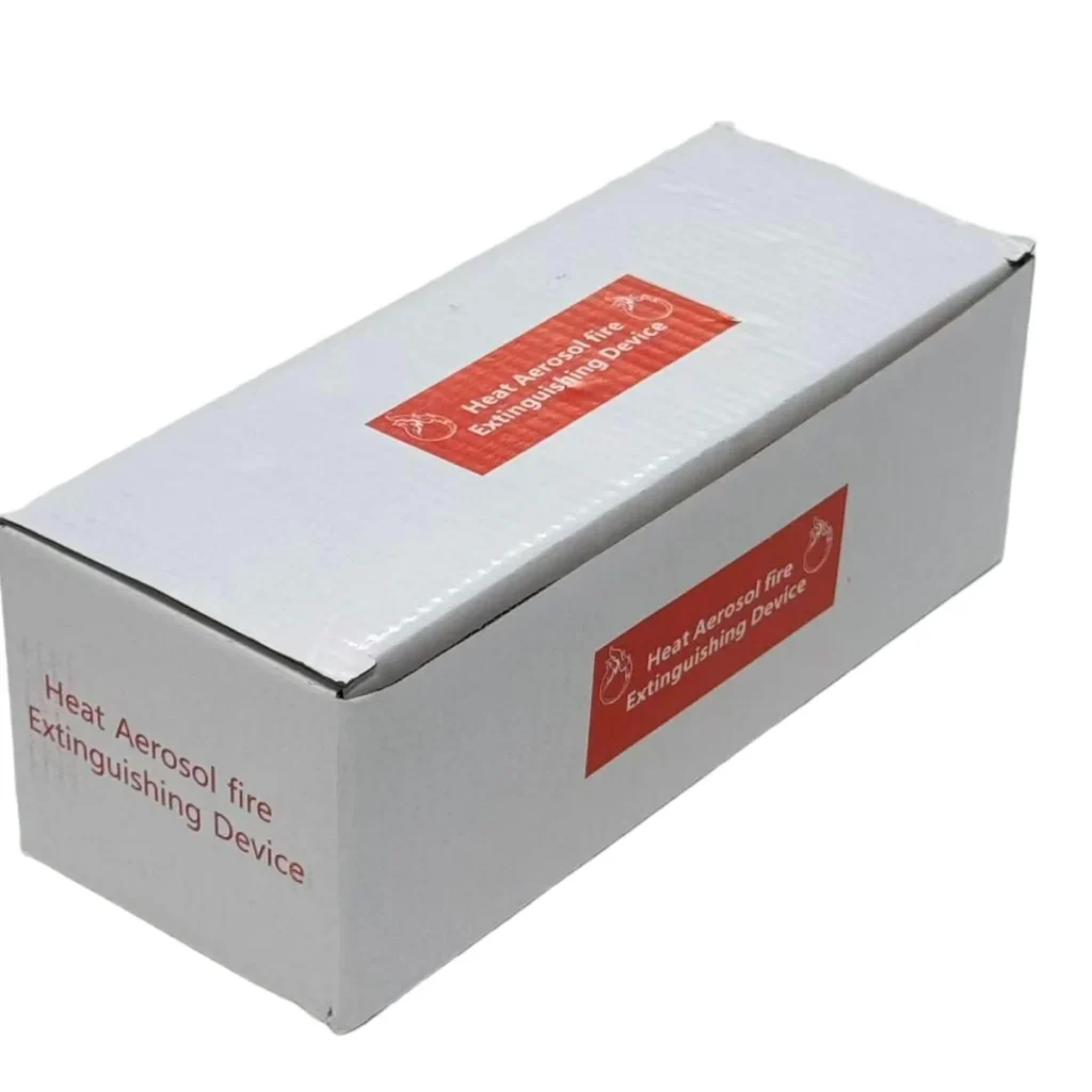 White product box with red aerosol fire extinguishing device labels