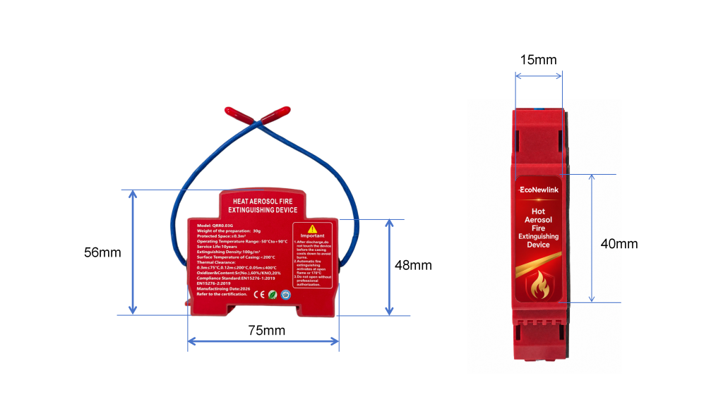 Supplier 30 g thermal aerosol unit with dimensional annotations